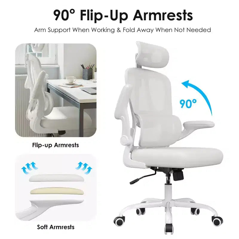 Chaise de bureau ergonomique en maille avec support lombaire réglable, appui-tête et accoudoirs escamotables.
