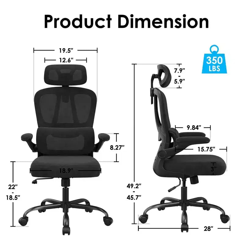 Chaise de bureau ergonomique en maille avec support lombaire réglable, appui-tête et accoudoirs escamotables.