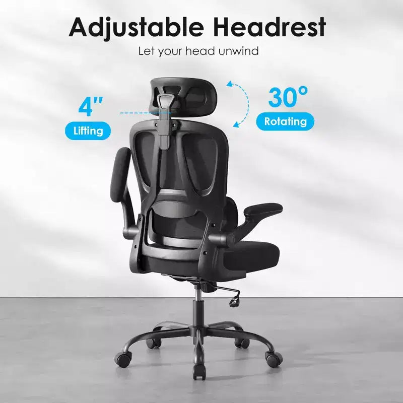 Chaise de bureau ergonomique en maille avec support lombaire réglable, appui-tête et accoudoirs escamotables.
