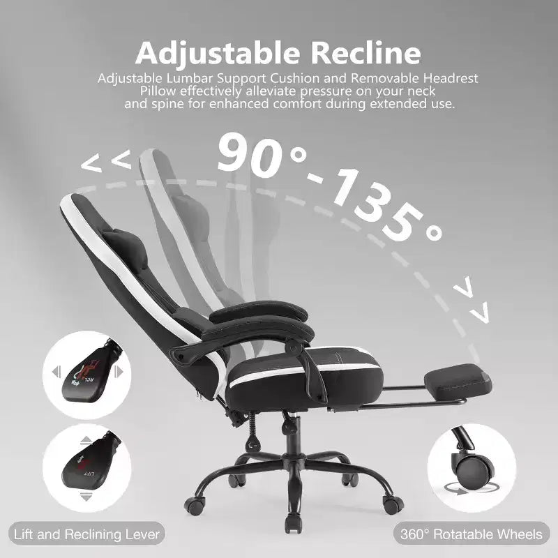 Chaise de bureau ergonomique avec accoudoirs rembourrés ; chaise de gaming avec support lombaire.