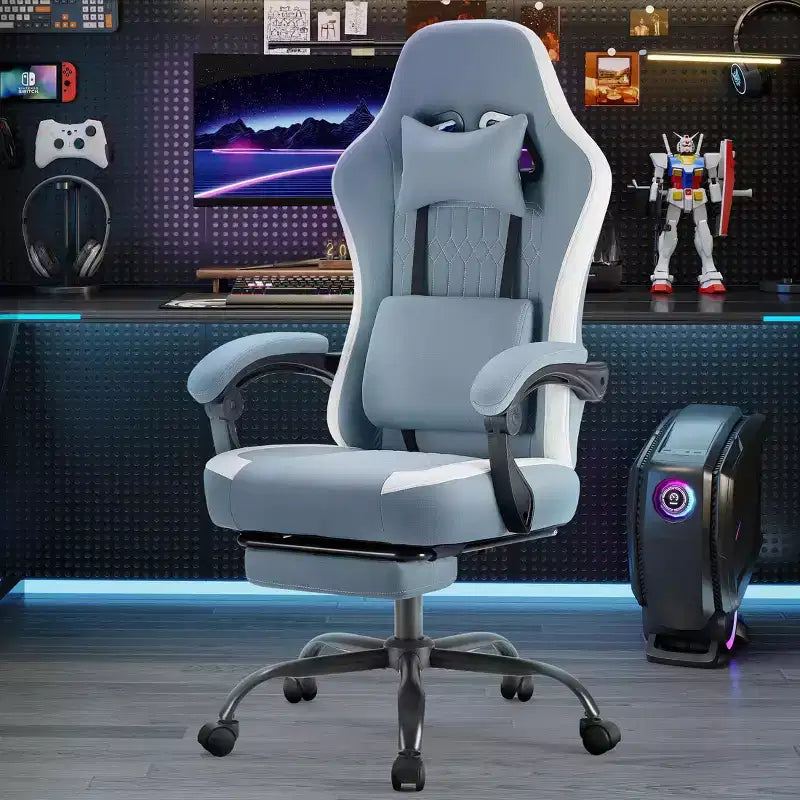 Chaise de bureau ergonomique avec accoudoirs rembourrés ; chaise de gaming avec support lombaire.