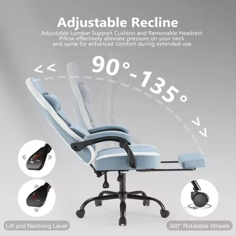 Chaise de bureau ergonomique avec accoudoirs rembourrés ; chaise de gaming avec support lombaire.