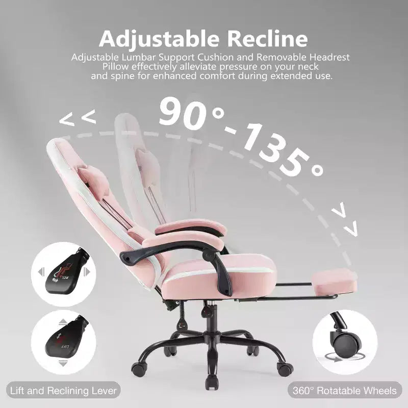 Chaise de bureau ergonomique avec accoudoirs rembourrés ; chaise de gaming avec support lombaire.