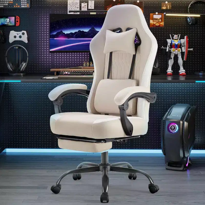 Chaise de bureau ergonomique avec accoudoirs rembourrés ; chaise de gaming avec support lombaire.