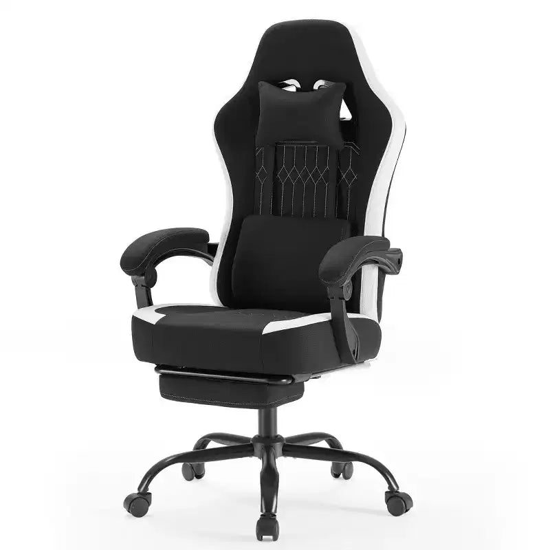 Chaise de bureau ergonomique avec accoudoirs rembourrés ; chaise de gaming avec support lombaire.