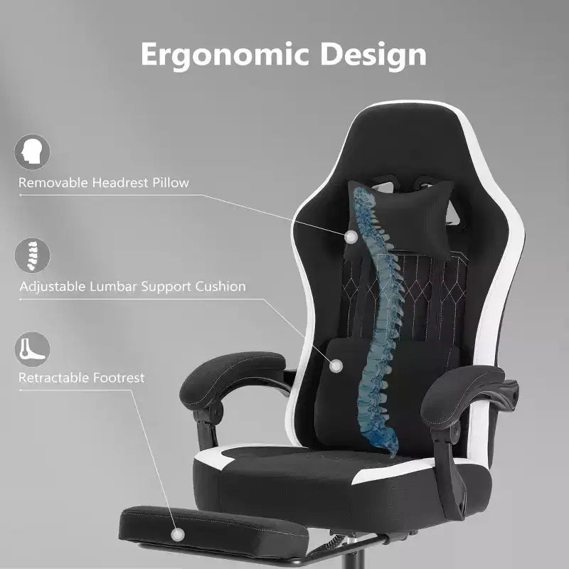 Chaise de bureau ergonomique avec accoudoirs rembourrés ; chaise de gaming avec support lombaire.