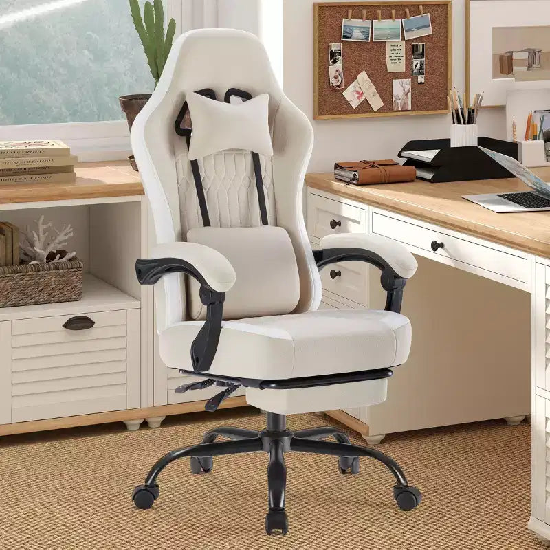 Chaise de bureau ergonomique avec accoudoirs rembourrés ; chaise de gaming avec support lombaire.