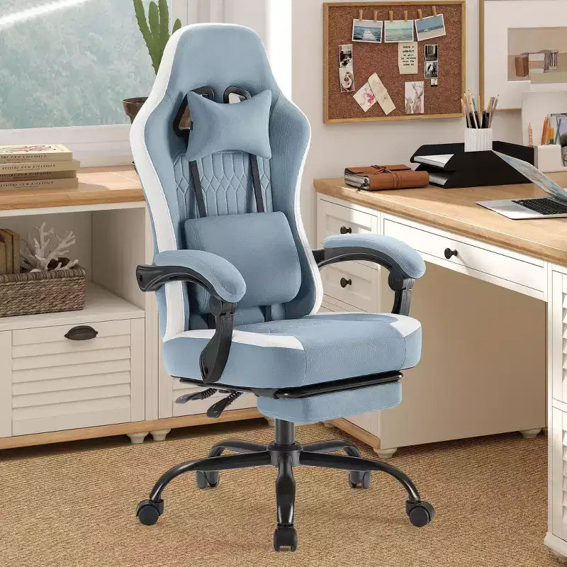 Chaise de bureau ergonomique avec accoudoirs rembourrés ; chaise de gaming avec support lombaire.