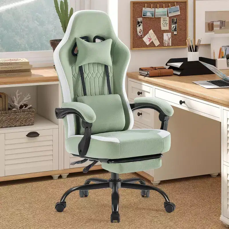 Chaise de bureau ergonomique avec accoudoirs rembourrés ; chaise de gaming avec support lombaire.