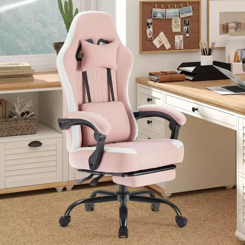 Chaise de bureau ergonomique avec accoudoirs rembourrés ; chaise de gaming avec support lombaire.