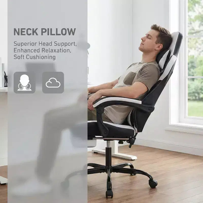 Chaise de jeu avec repose-pieds, design ergonomique à dossier haut, appui-tête et support lombaire réglables.
