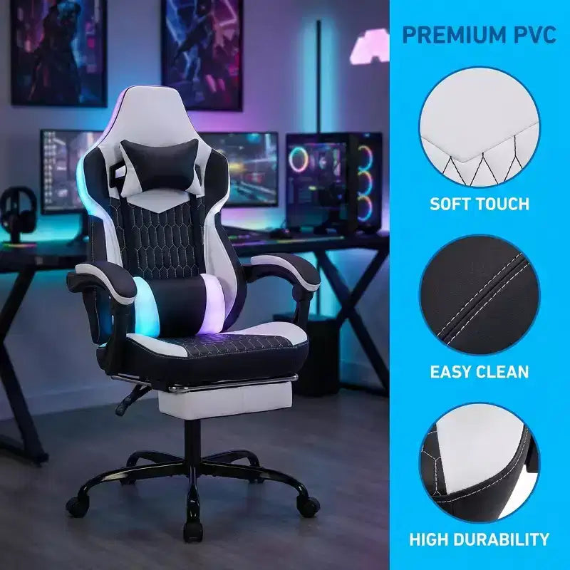 Chaise de jeu avec repose-pieds, design ergonomique à dossier haut, appui-tête et support lombaire réglables.