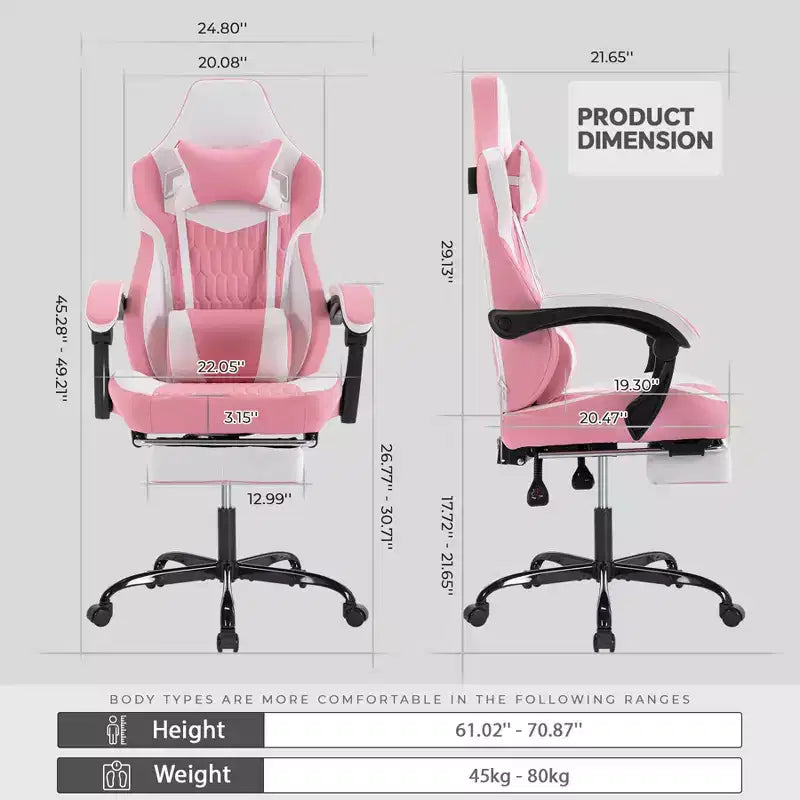 Chaise de jeu avec repose-pieds, design ergonomique à dossier haut, appui-tête et support lombaire réglables.