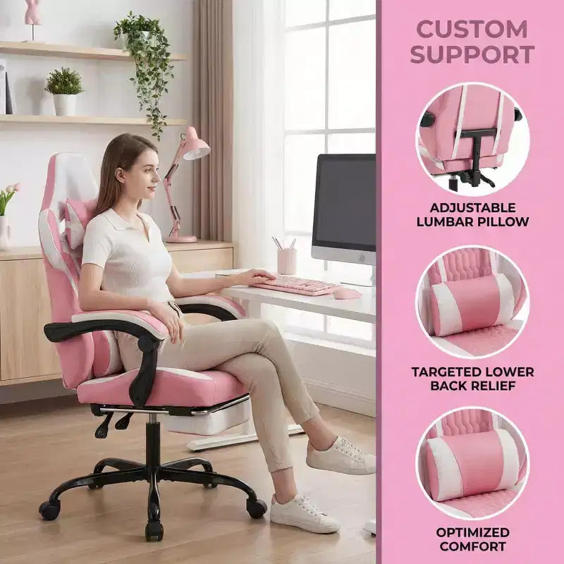 Chaise de jeu avec repose-pieds, design ergonomique à dossier haut, appui-tête et support lombaire réglables.