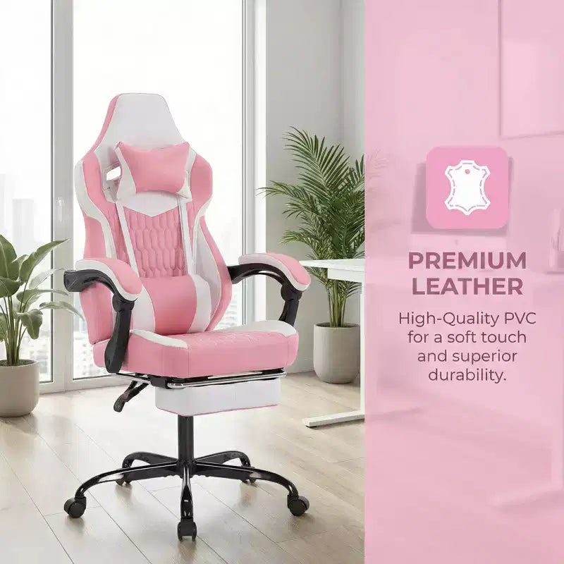 Chaise de jeu avec repose-pieds, design ergonomique à dossier haut, appui-tête et support lombaire réglables.