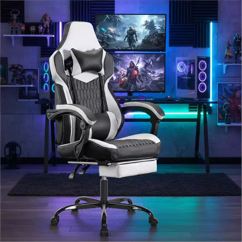 Chaise de jeu avec repose-pieds, design ergonomique à dossier haut, appui-tête et support lombaire réglables.