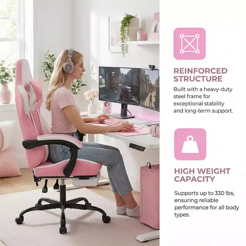 Chaise de jeu avec repose-pieds, design ergonomique à dossier haut, appui-tête et support lombaire réglables.