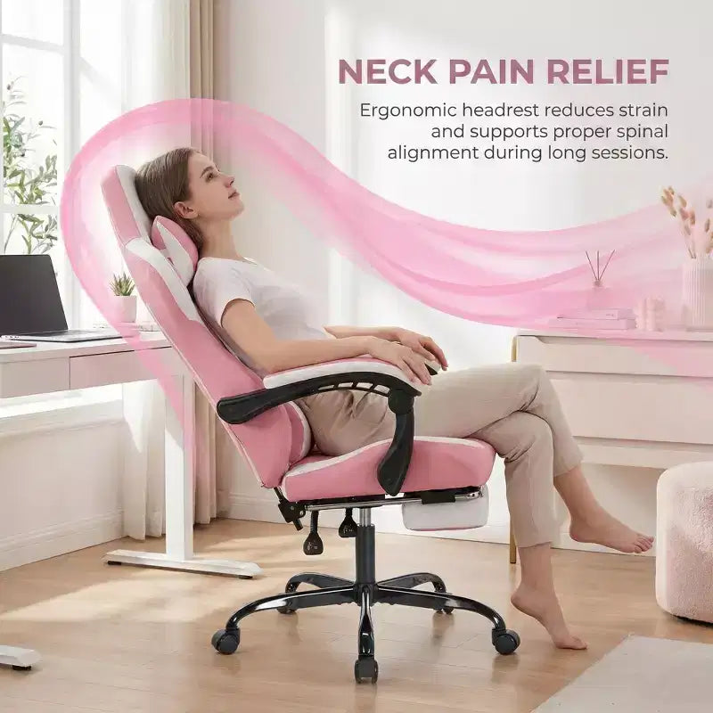 Chaise de jeu avec repose-pieds, design ergonomique à dossier haut, appui-tête et support lombaire réglables.