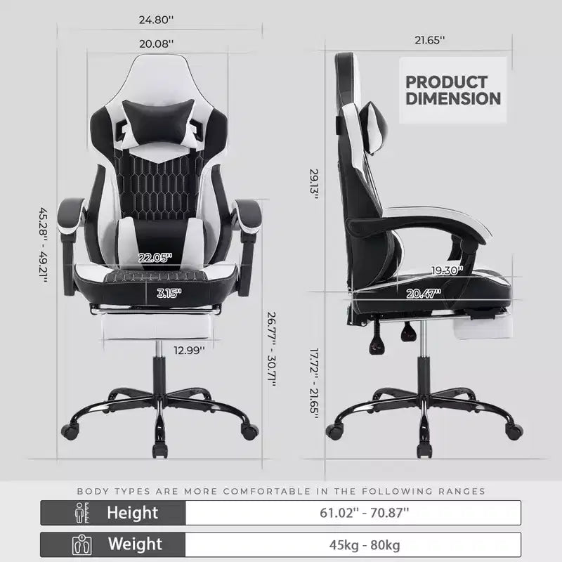 Chaise de jeu avec repose-pieds, design ergonomique à dossier haut, appui-tête et support lombaire réglables.
