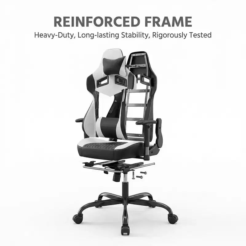 Chaise de jeu avec repose-pieds, design ergonomique à dossier haut, appui-tête et support lombaire réglables.