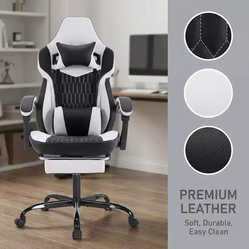 Chaise de jeu avec repose-pieds, design ergonomique à dossier haut, appui-tête et support lombaire réglables.