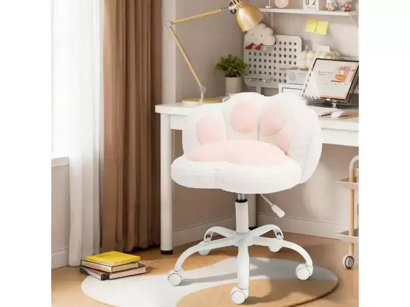 Chaise de bureau à roulettes en tissu nounours, avec dossier en forme de patte de chat, réglable en hauteur