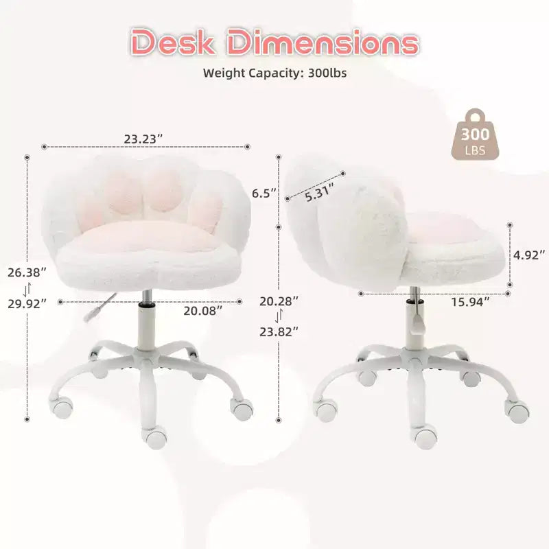 Chaise de bureau à roulettes en tissu nounours, avec dossier en forme de patte de chat, réglable en hauteur