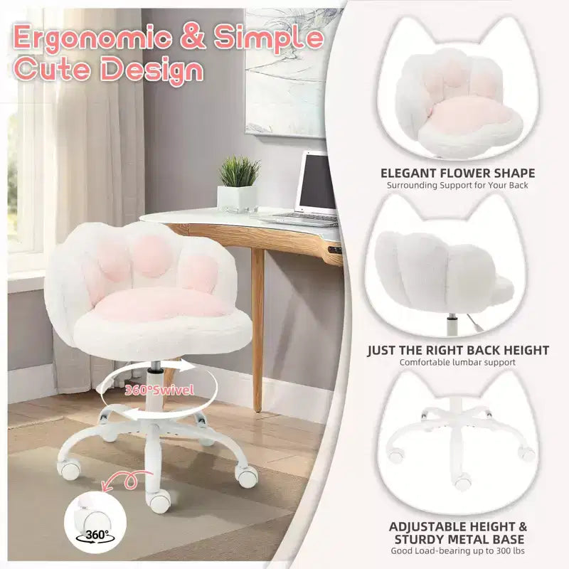 Chaise de bureau à roulettes en tissu nounours, avec dossier en forme de patte de chat, réglable en hauteur