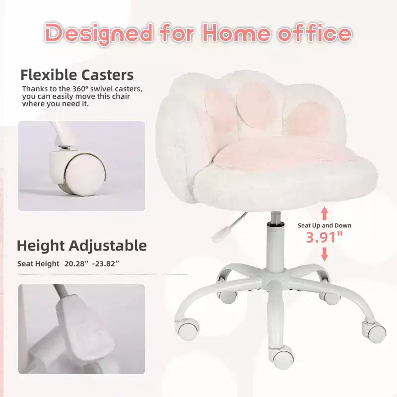 Chaise de bureau à roulettes en tissu nounours, avec dossier en forme de patte de chat, réglable en hauteur