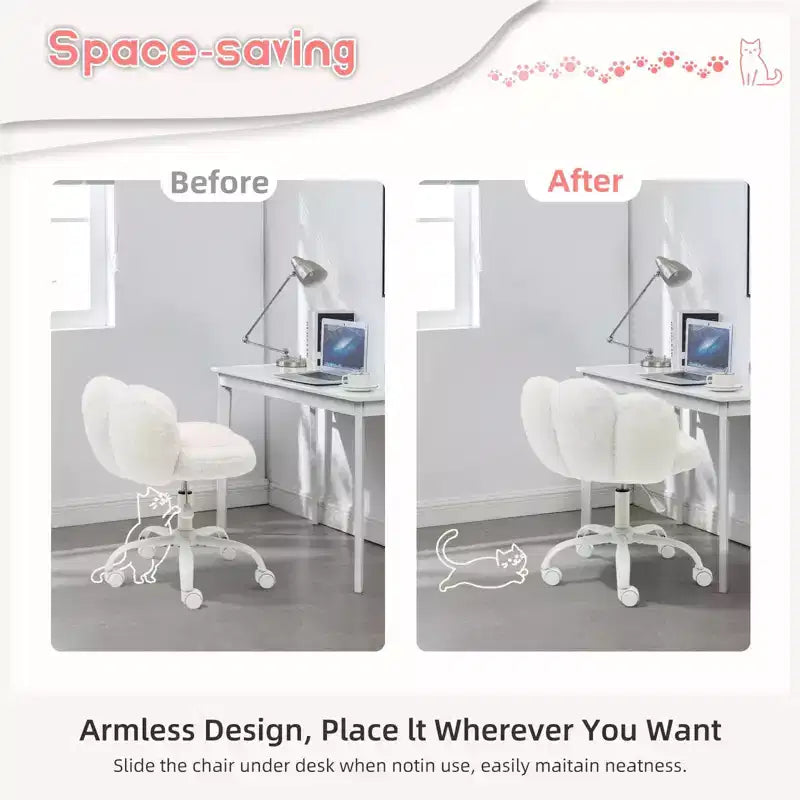 Chaise de bureau à roulettes en tissu nounours, avec dossier en forme de patte de chat, réglable en hauteur