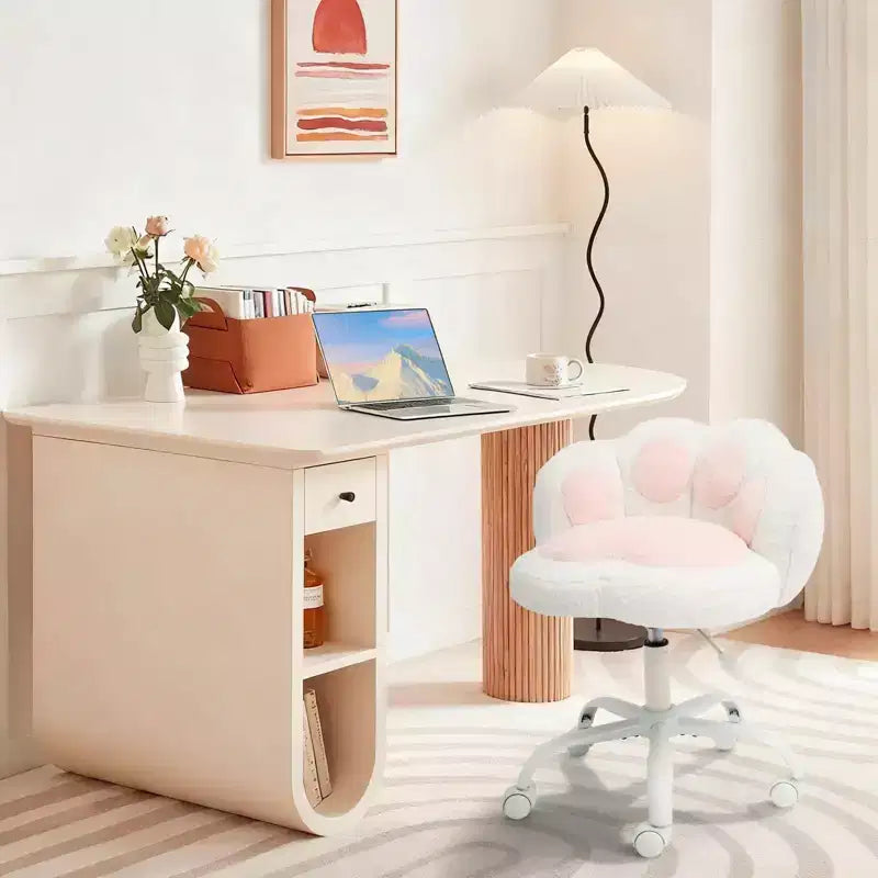 Chaise de bureau à roulettes en tissu nounours, avec dossier en forme de patte de chat, réglable en hauteur