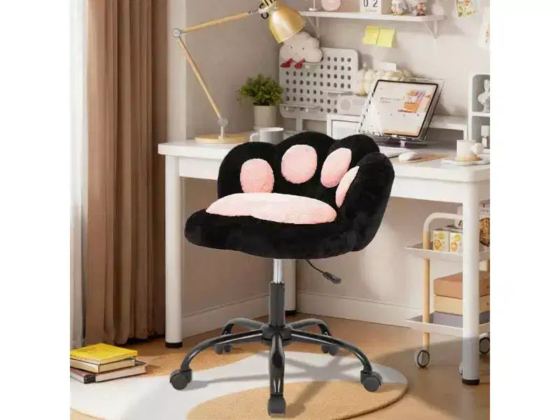 Chaise de bureau à roulettes en tissu nounours, avec dossier en forme de patte de chat, réglable en hauteur