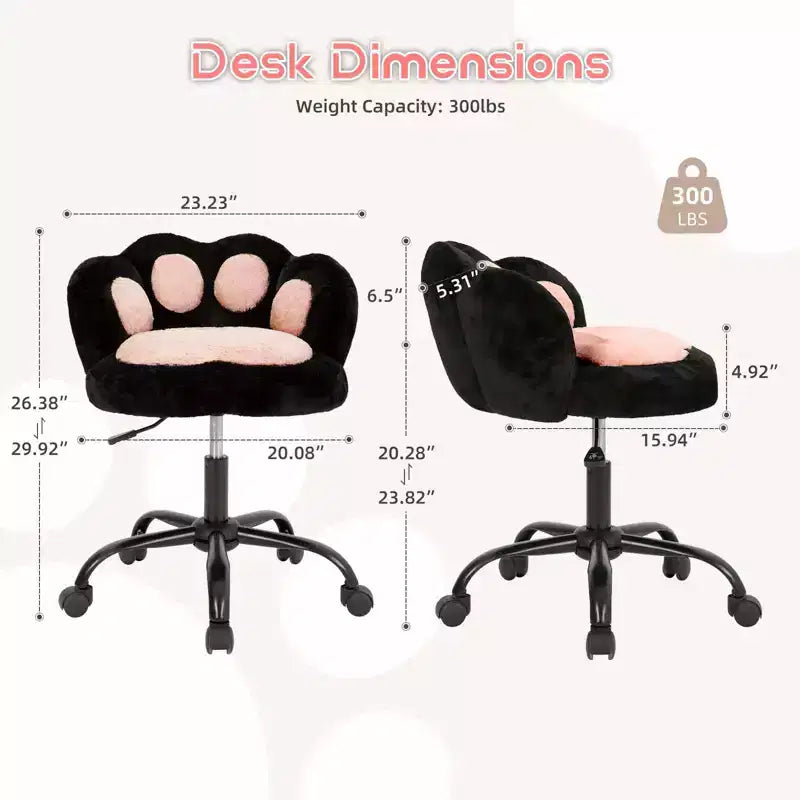 Chaise de bureau à roulettes en tissu nounours, avec dossier en forme de patte de chat, réglable en hauteur