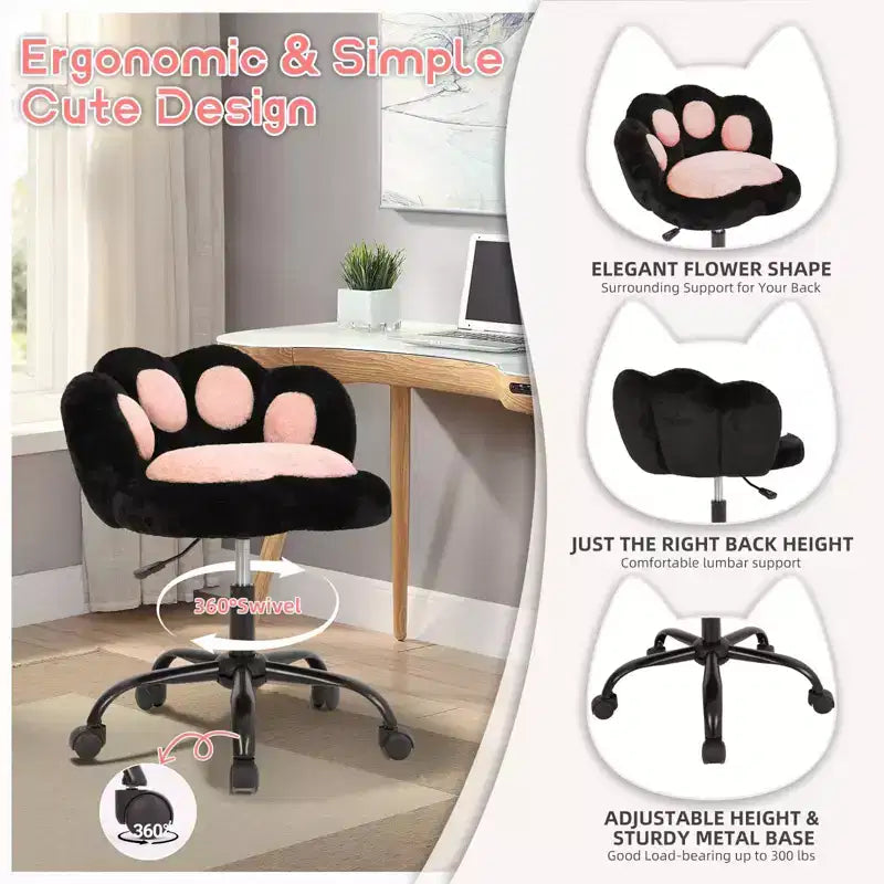 Chaise de bureau à roulettes en tissu nounours, avec dossier en forme de patte de chat, réglable en hauteur