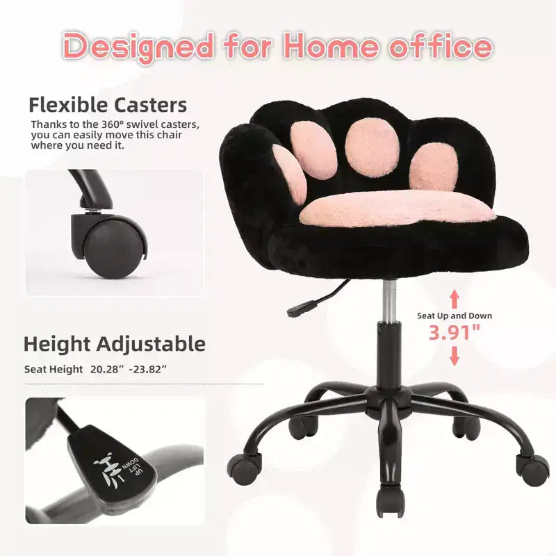 Chaise de bureau à roulettes en tissu nounours, avec dossier en forme de patte de chat, réglable en hauteur