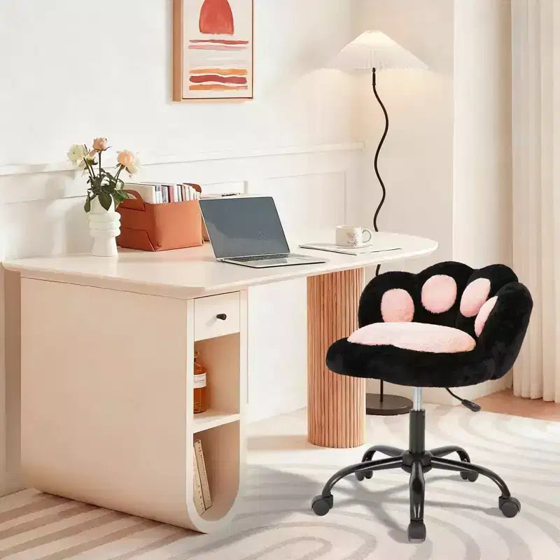 Chaise de bureau à roulettes en tissu nounours, avec dossier en forme de patte de chat, réglable en hauteur