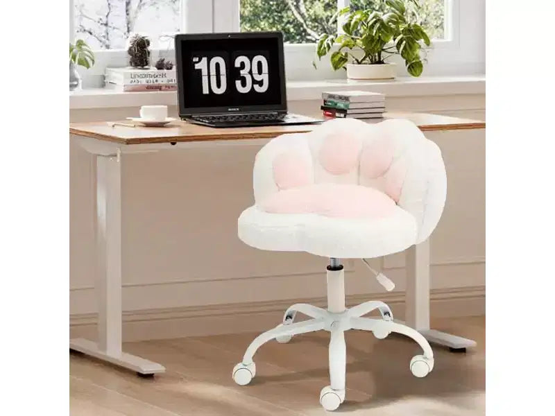 Chaise de bureau à roulettes en tissu nounours, avec dossier en forme de patte de chat, réglable en hauteur