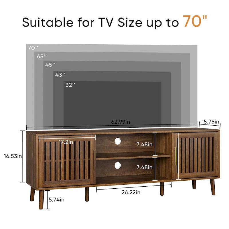 Meuble TV avec deux portes persiennes et étagères de rangement réglables.