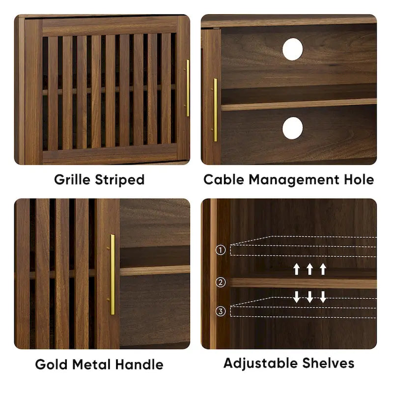 Meuble TV avec deux portes persiennes et étagères de rangement réglables.