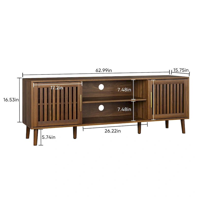 Meuble TV avec deux portes persiennes et étagères de rangement réglables.
