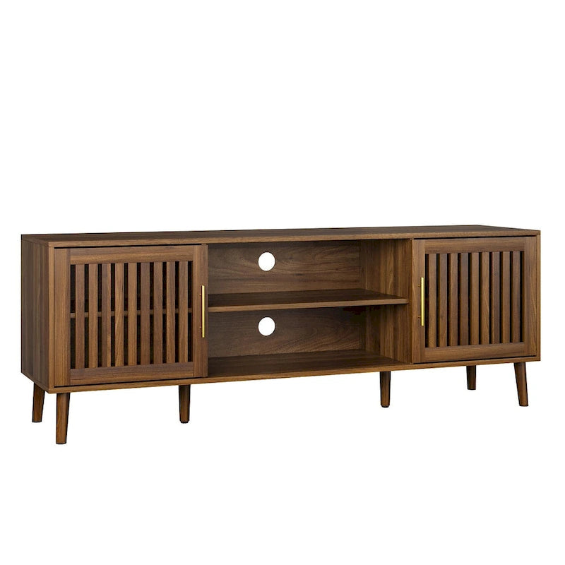 Meuble TV avec deux portes persiennes et étagères de rangement réglables.