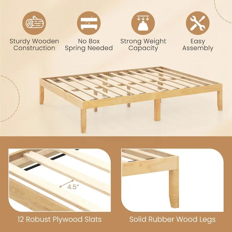 Grand cadre de lit plateforme en bois avec tapis en caoutchouc