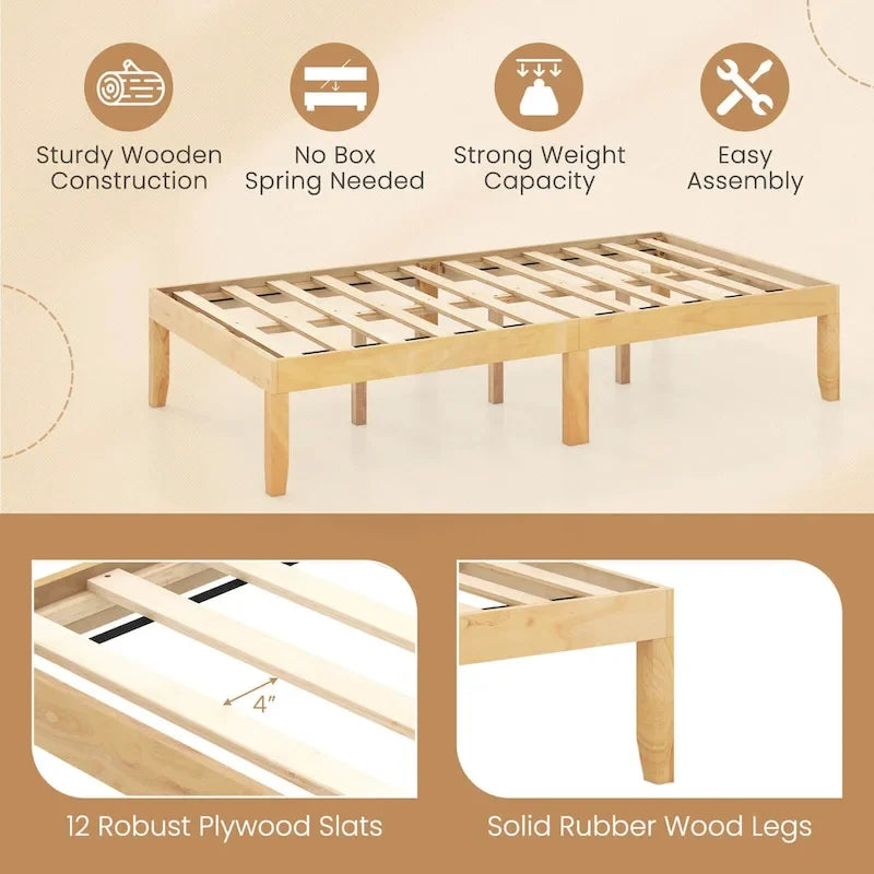 Grand cadre de lit plateforme en bois avec tapis en caoutchouc