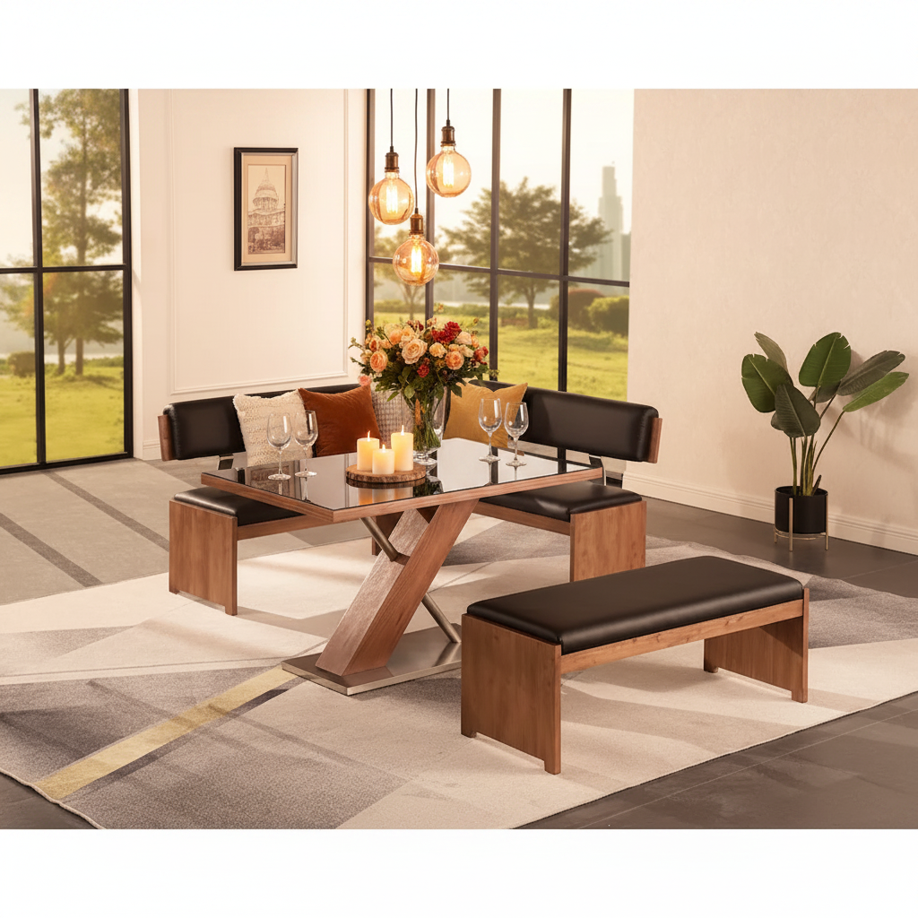 Ensemble de salle à manger et chaises en bois moderne, comprenant table à manger, buffet et banc.