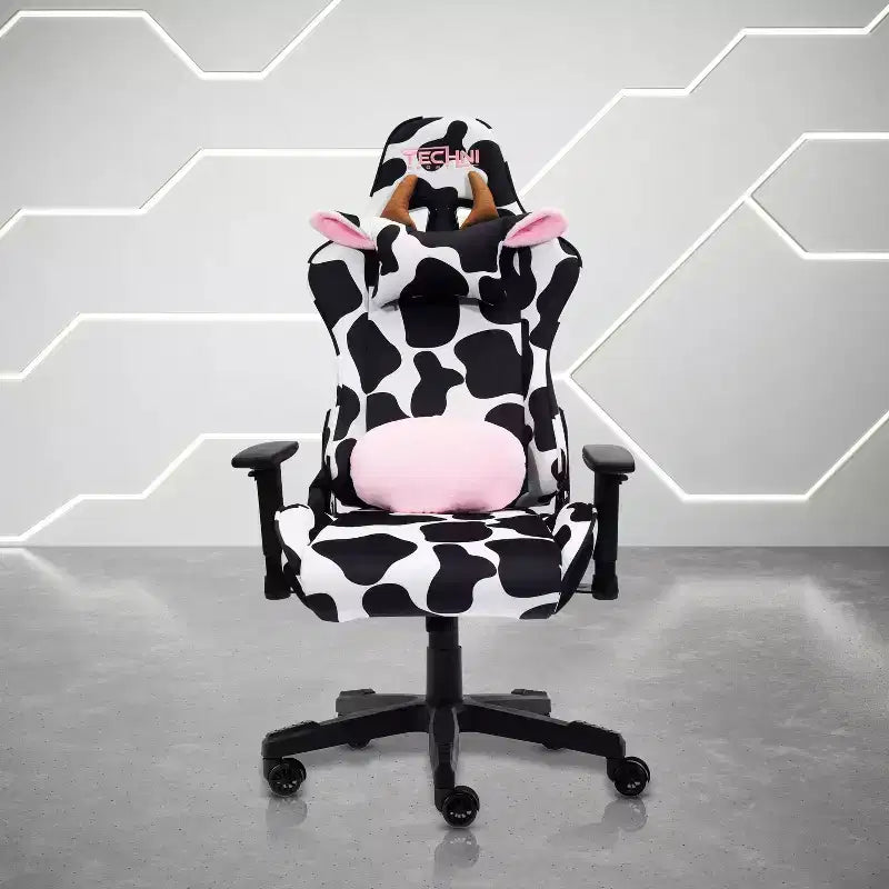 Fauteuil de jeu imprimé vache, mousse à mémoire de forme, réglable.