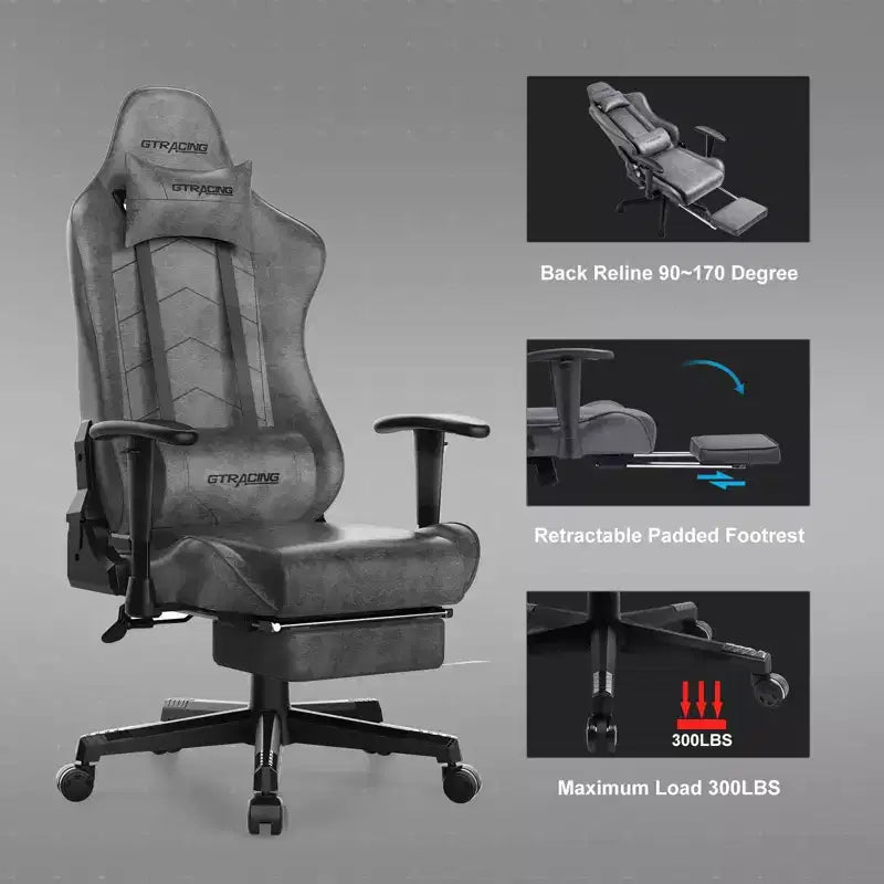 Chaise de gaming avec repose-pieds, fauteuil inclinable ergonomique avec support lombaire.