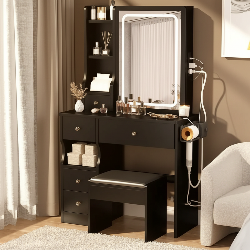 Coiffeuse de Maquillage à Tiroir Gauche avec Miroir LED, Station d'Alimentation USB et Tabouret Rembourré