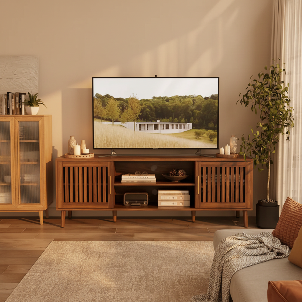Meuble TV avec deux portes persiennes et étagères de rangement réglables.