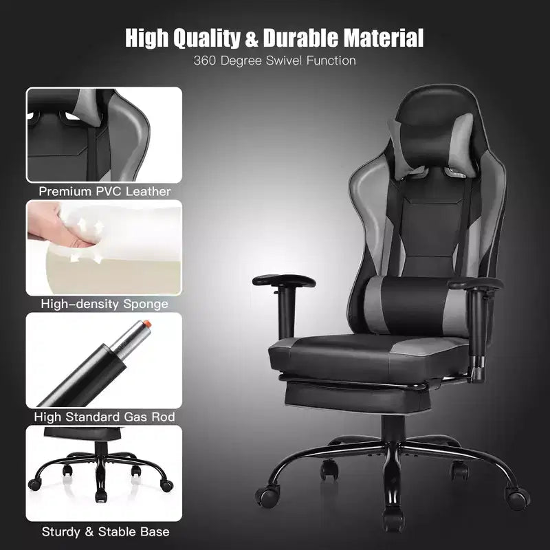 Chaise de jeu, chaise de bureau de course à dossier haut avec repose-pieds, noire.