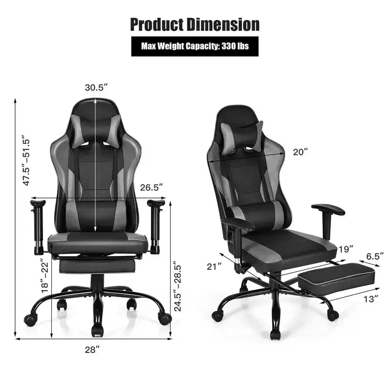 Chaise de jeu, chaise de bureau de course à dossier haut avec repose-pieds, noire.